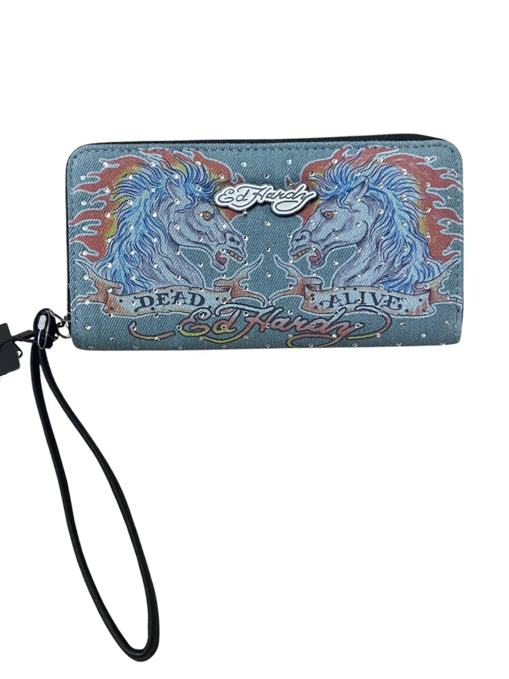 Ed Hardy Blue Graphic Zip Wristlet with Flame Horse Motif NWT